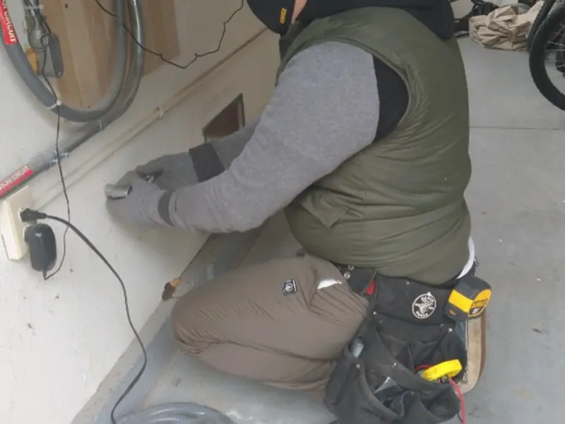 Electrician performing outlet wiring in a Demarest garage